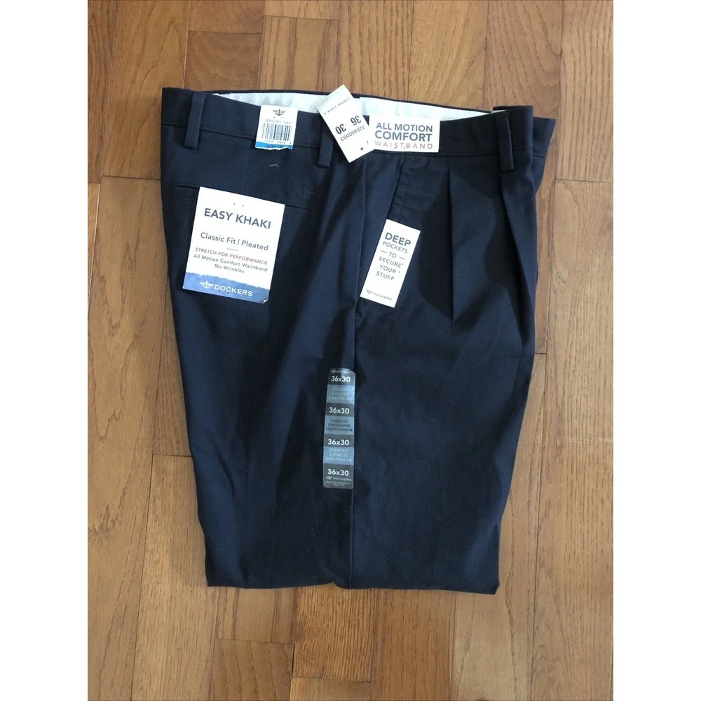 Dockers Comfort Khaki Pants Mens 36x30 Navy Blue Relaxed Pleated Stretch Cotton